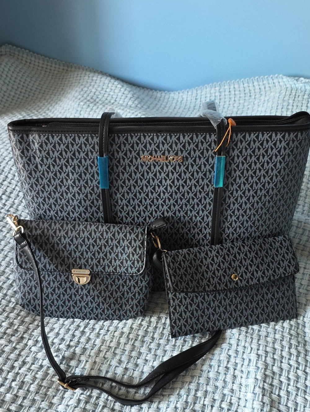 Michael Kors Black MK Logo Tote with Two Matching Crossbody Pouches